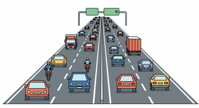 Busy highway with cars and trucks, a motorcycle rider, and a road sign
