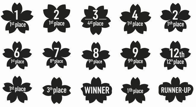 Black flower-shaped icons with numbers and place indications