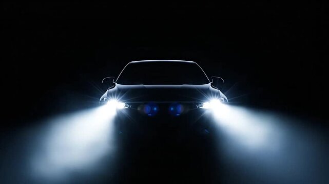 A generic vehicle with bright headlights shining in the darkness of the night time setting