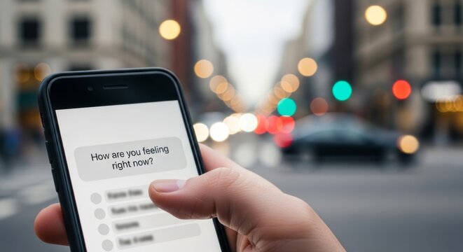 Woman using smartphone to check mental health status in mood tracking application. Digital wellbeing tool for emotional awareness and psychological support. Mobile app test interface.