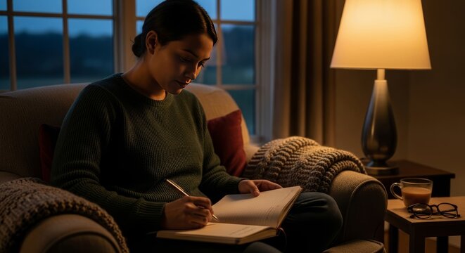 Woman writing in mood tracker journal while sitting on armchair at night. Mental health care and reflection concept. Personal development, mindfulness practice and emotional wellness habit.
