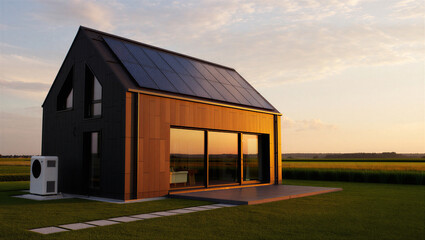 Modern black and wood house with solar panels at golden hour real estate heat pump architecture © Sadiya Digital