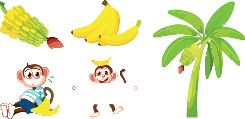 Cute monkey and banana collection with tropical palm tree, playful jungle cartoon illustrations for kids vector design © jafrine