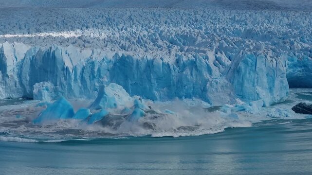 A massive section of glacier ice breaks away and crashes into turbulent water, sending powerful waves across the surface as the newly calved iceberg turns, capturing the raw force of glacial change