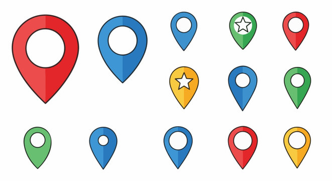 Collection of colorful map pin icons with outline