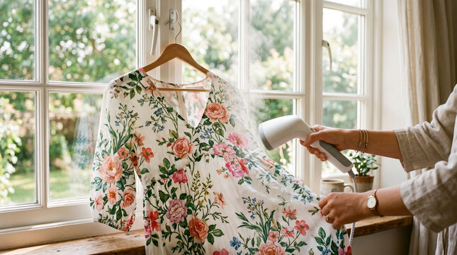 Woman steaming floral dress while standing by window indoors  
