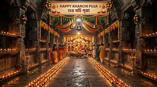 Devotees Celebrating Kharchi Puja in an Illuminated Stone Temple