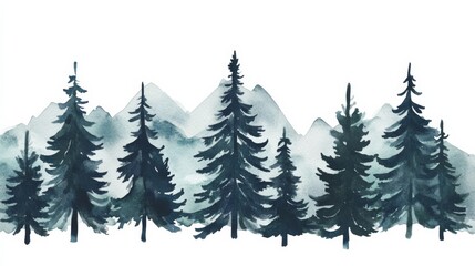 Obraz premium Forest tree watercolor painting showing pine trees and mountains in the background under a clear sky