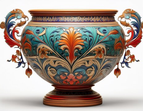 decorative ancient urn with floral motifs and geometric patterns isolated on white background