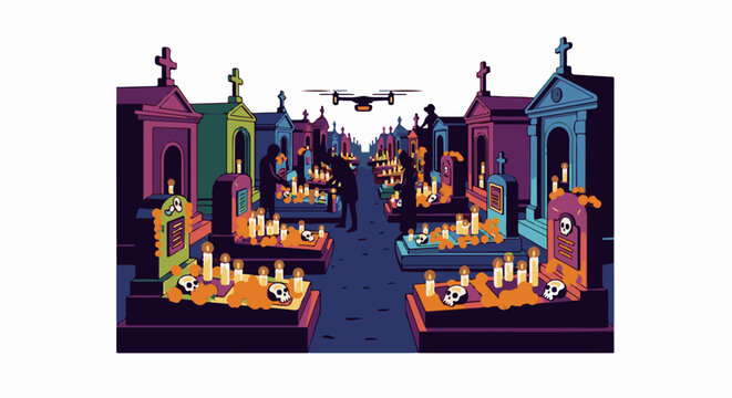 Colorful cemetery scene with people tending graves and a drone overhead