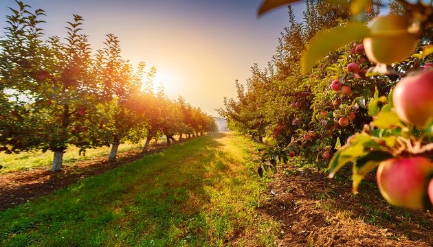 fruit farm with apple trees branch with natural apples on blurred background of apple orchard in golden hour concept organic local season fruits and harvesting generative ai