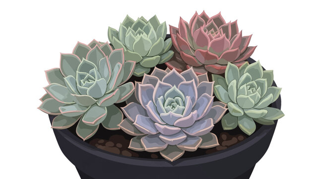 Vector illustration of various Echeveria succulent plants in a black pot, featuring colorful pink, purple, and green rosettes with thick fleshy leaves, isolated on a white background.