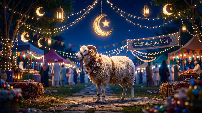 Eid al-Adha celebration with sacrificial ram, festive night market with crescent moon decorations, traditional Islamic holiday festival atmosphere