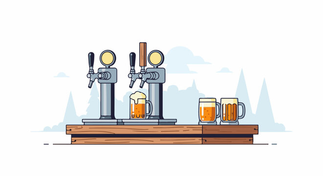 Beer taps with frothy mugs on a wooden bar, winter mountain backdrop