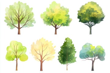 Fototapeta premium Collection of summer and spring trees in watercolor style showing different shapes and sizes on a white background
