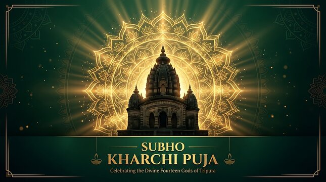 Subho Kharchi Puja Festival Greeting with Glowing Golden Temple