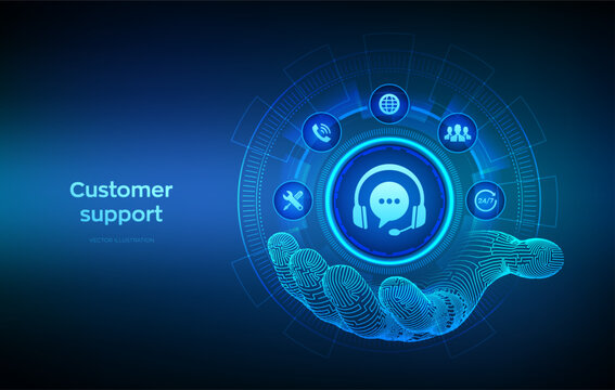 Customer support service business and technology concept. Technical support, customer service, digital interface, tech support assistance. Customer support icon in wireframe hand. Vector illustration.