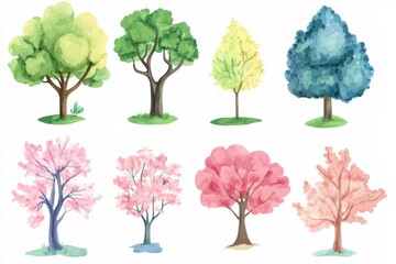 Fototapeta premium Watercolor illustration of different trees in spring and summer styles on white background for creative projects