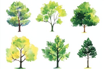Fototapeta premium Collection of cartoon style trees in watercolor for spring and summer on a white background