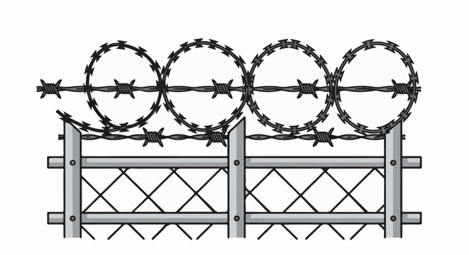 Barbed wire fence with razor coils and diamond mesh