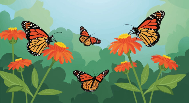Vector illustration of four monarch butterflies with orange, black, and white wing patterns perched on and flying around orange zinnia flowers with green foliage and blue sky background.