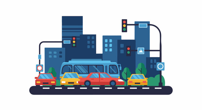 Cars and bus at a city intersection with traffic lights and buildings