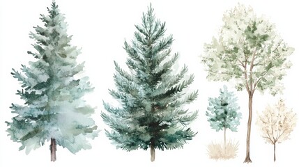 Obraz premium Watercolor tree set features green pine, blue spruce, lush ash, and beige bush for art and design projects