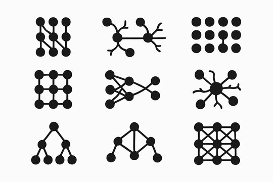 Neural Network Icon Grid. Neural Network Structures. Filled icon set of Neural Network Structures: layered