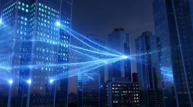 Modern Glass Skyscrapers Reflecting Blue Twilight Sky with Glowing Digital Network Overlay in Urban Cityscape