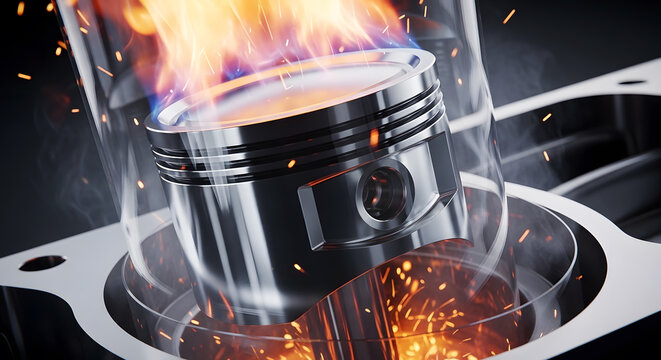 Internal combustion engine piston in motion with fire and sparks effect