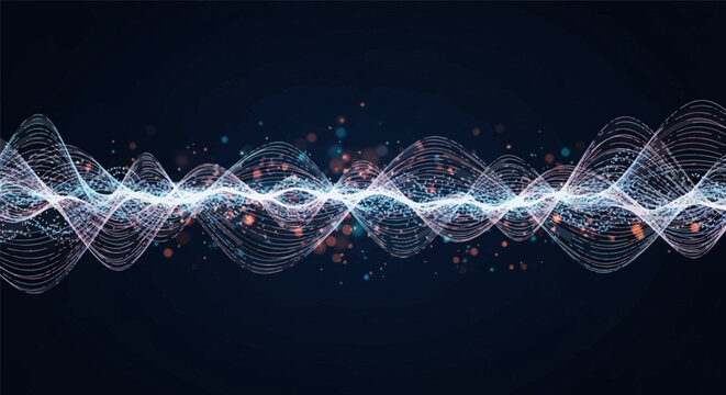 Abstract digital sound wave illustration with flowing blue and white lines and glowing particles on a dark background representing data flow and frequency oscillation patterns.