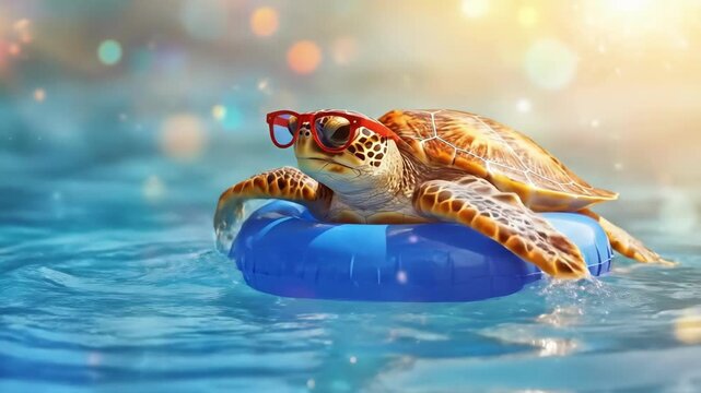 Funny smiling turtle in sunglasses floats in blue water on inflatable ring. Relaxing sea reptile in red glasses enjoing swimming in ocean. Summer travel tourism banner.