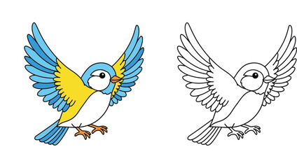 Cute Cartoon Blue Tit Bird Flying with Coloring Book Page Set Vector Illustration, Little Blue and Yellow Bird Character with Wings Spread for Kids Activity and Educational Design © SHOHAG