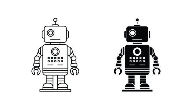 Classic retro robot character icon set in outline and solid black silhouette for technology and sci-fi themed graphic design projects