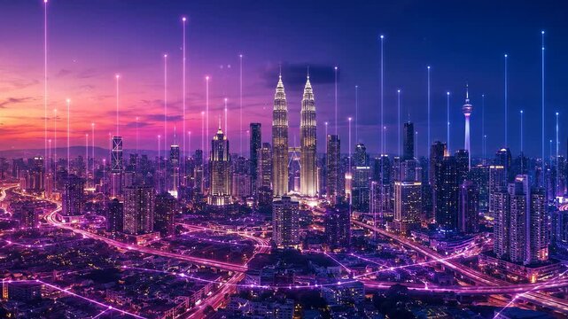 Futuristic Kuala Lumpur skyline at dusk with glowing smart city data network, neon digital light trails, and illuminated twin towers in cinematic 4K.