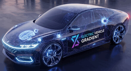 Fototapeta premium Smart electric vehicle with glowing digital brain and wireframe