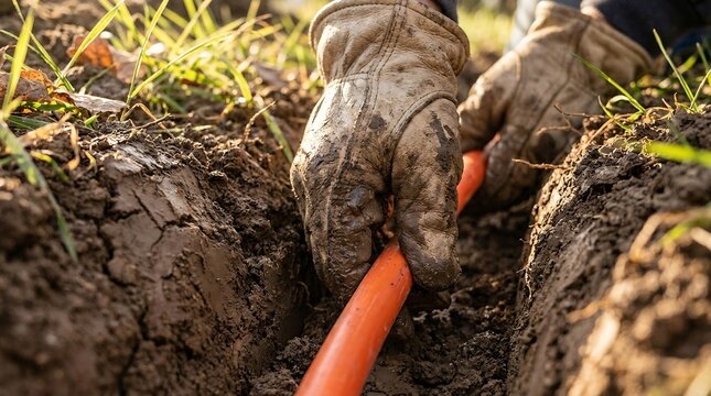 Mud-covered heavy leather gloves meticulously burying a bright orange fiber optic cable into rich dark brown soil under warm afternoon sun.