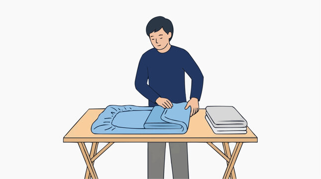 Man folding blue fitted sheet on wooden table with stack of folded linens vector style