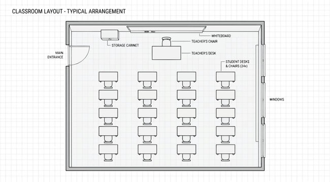 Typical classroom layout arrangement with student desks and teacher area