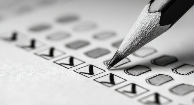 A person marking checkboxes on an exam answer sheet with a pencil
