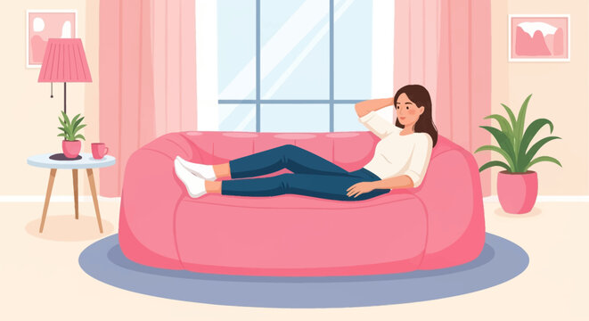 Flat vector illustration of a young woman relaxing on a large pink inflatable sofa in a cozy living room with pastel pink curtains, a large window, indoor plants, and a side table.