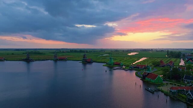 Zaanse Schans Countryside and Windmills Aerial Drone View 4K