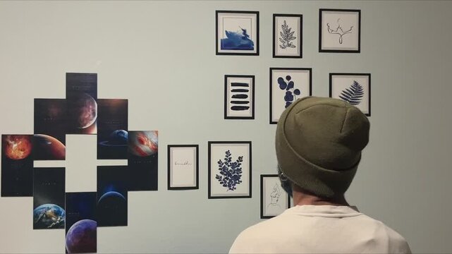 Introspective Man Contemplating Cosmic Planets and Botanical Art Gallery Wall for Mental Health Reflection Therapy