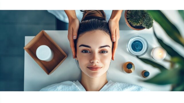 woman receiving head massage at spa