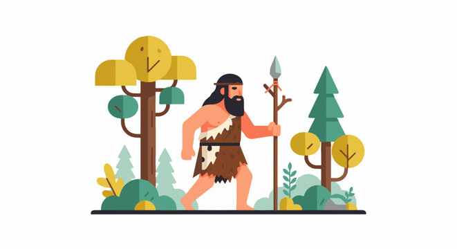 Cartoon caveman with spear walks through a stylized forest