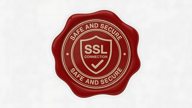 SSL security seal, safe and secure badge, red and gold logo, website trust symbol