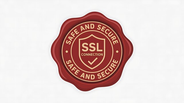 SSL security seal, safe and secure badge, red verification icon, website trust symbol