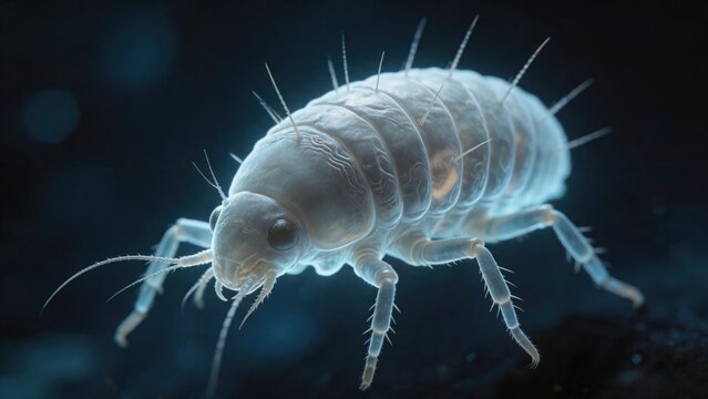 Hyper-realistic macro photography of an alien translucent soil mite microorganism in dark environment