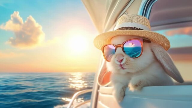 Cute rabbit in straw hat and sunglasses on boat. Fluffy bunny animal on vacation enjoying sunny day at sea coast resort concept background image.