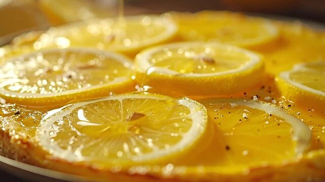 A delicious dessert with sliced citrus fruit and a sweet, golden glaze on top of it all